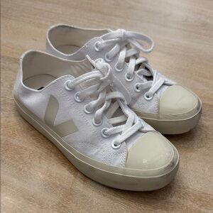 Veja White Low-Top Canvas Sneakers with Cream Accents